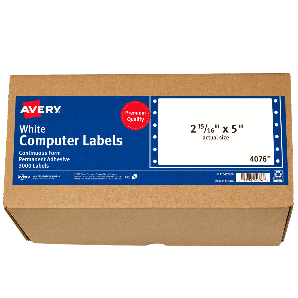 Avery Continuous Form Permanent Address Labels, 4076, Rectangle, 5in x 2 15/16in, White, Box Of 3,000