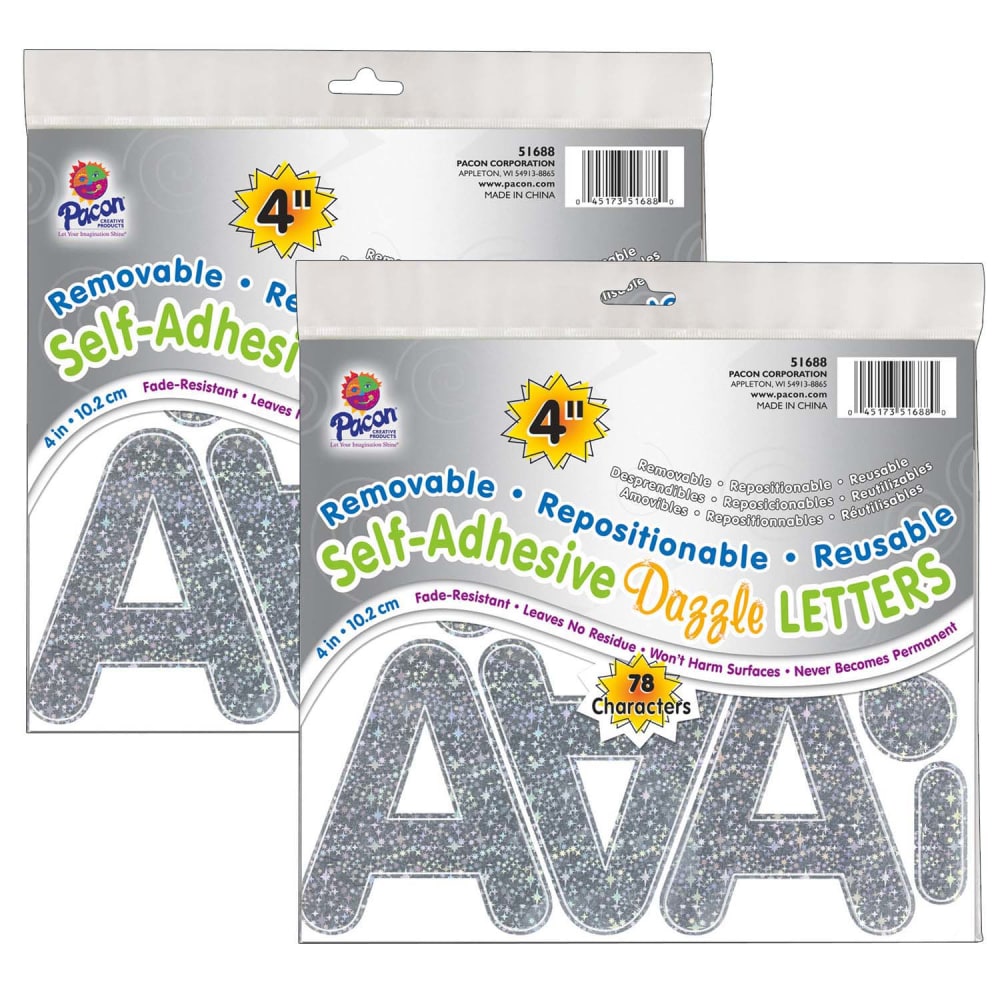 Pacon Self-Adhesive Letters, 4in, Puffy Font, Silver Dazzle, 78 Per Pack, Set Of 2 Packs