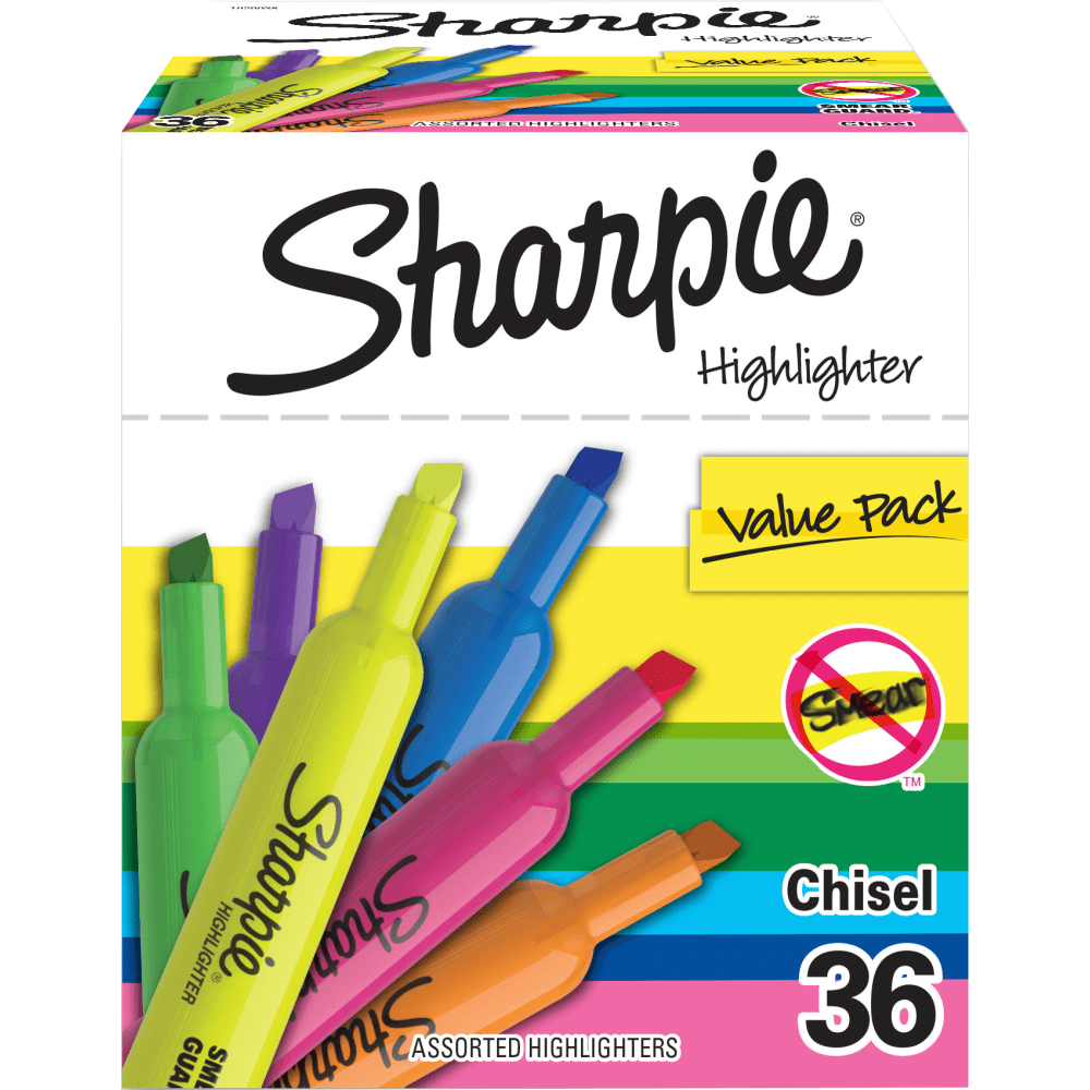 Sharpie Tank Highlighters, Chisel Point, Assorted Colors, Pack Of 36 Highlighters