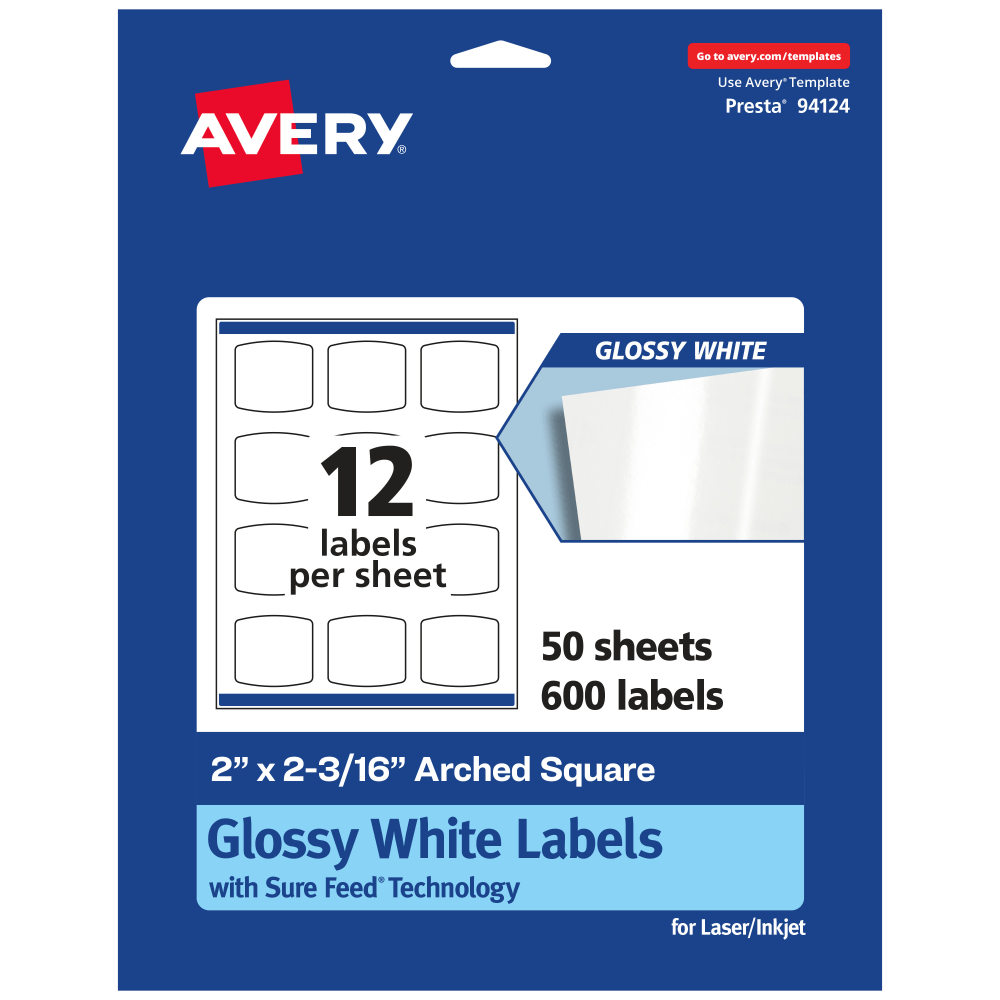 Avery Glossy Permanent Labels With Sure Feed, 94124-WGP50, Arched Square, 2in x 2-3/16in, White, Pack Of 600