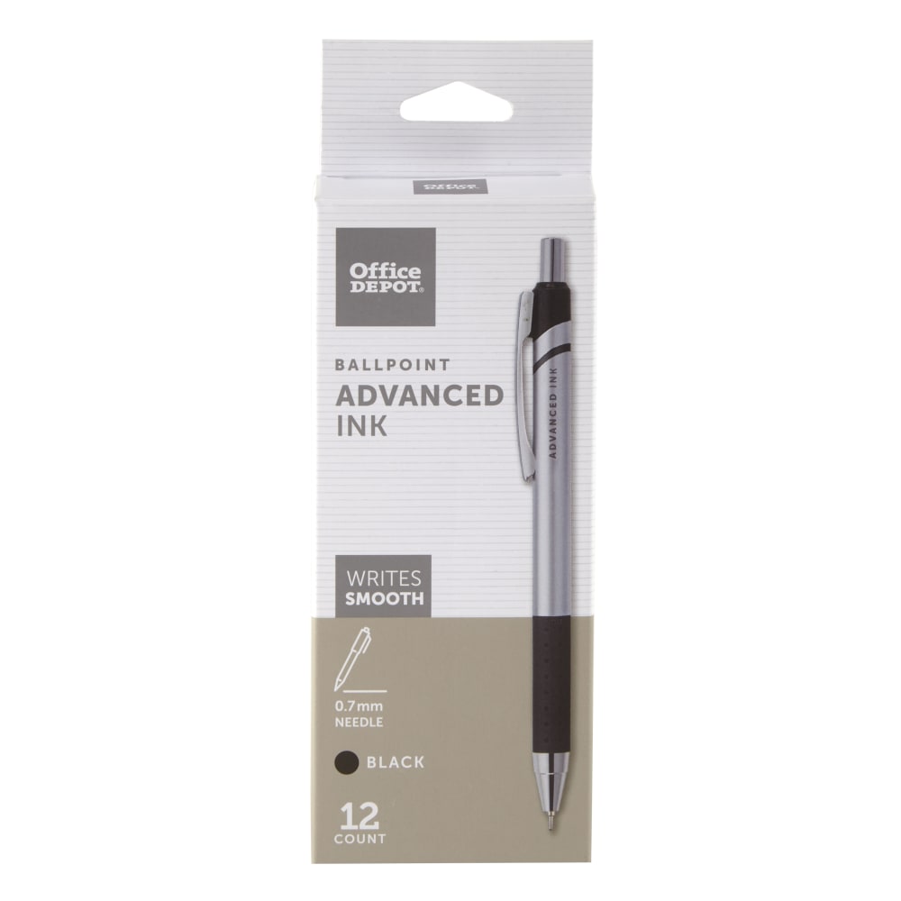 Office Depot Brand Advanced Ink Retractable Ballpoint Pens, Needle Point, 0.7 mm, Silver Barrel, Black Ink, Pack Of 12