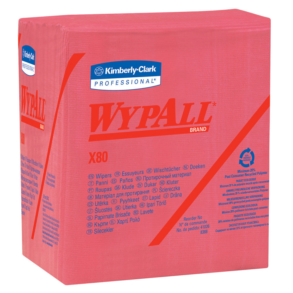 Wypall X80 Wipers, 1/4 Fold, Hydroknit, 12 1/2in x 12in, Red, Pack of 50