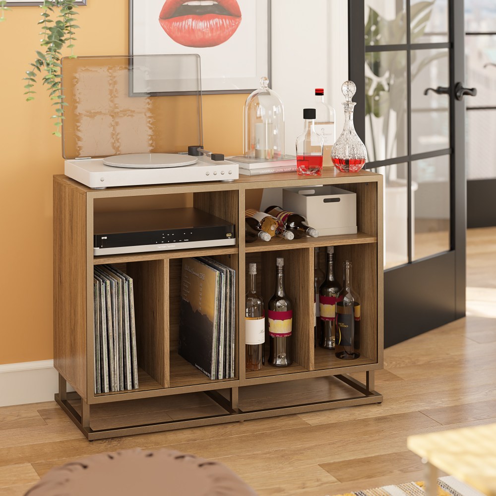 Ameriwood Home Regal Double-Wide Record Station, 27-1/4inH x 37-1/4inW x 16-3/16inD, Brown