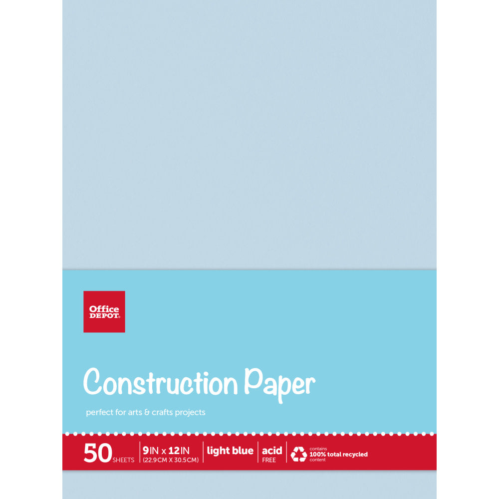 Office Depot Brand Construction Paper, 9in x 12in, 100% Recycled, Light Blue, Pack Of 50 Sheets