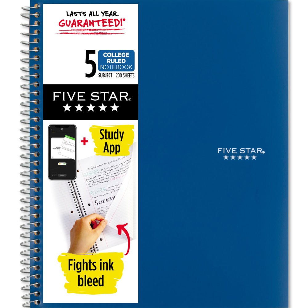 Five Star Wire-Bound Notebook, 8-1/2in x 11in, 5 Subject, College Ruled, 200 Sheets, Pacific Blue