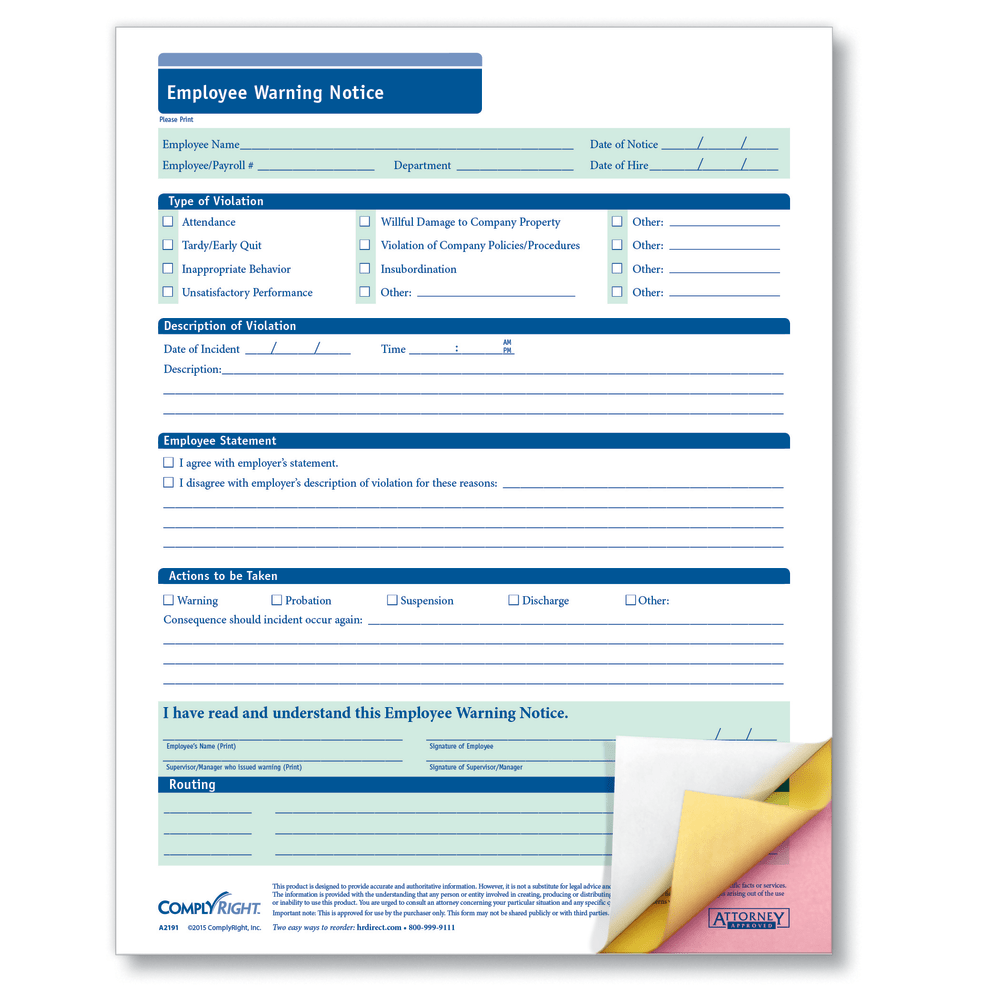 ComplyRight Carbonless Employee Warning Notice Forms, 3-Part, 8 1/2in x 11in, White, Pack Of 50