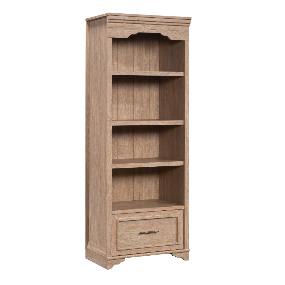 Sauder Rollingwood Country 72inH 4-Shelf Bookcase With Filing Drawer, Brushed Oak