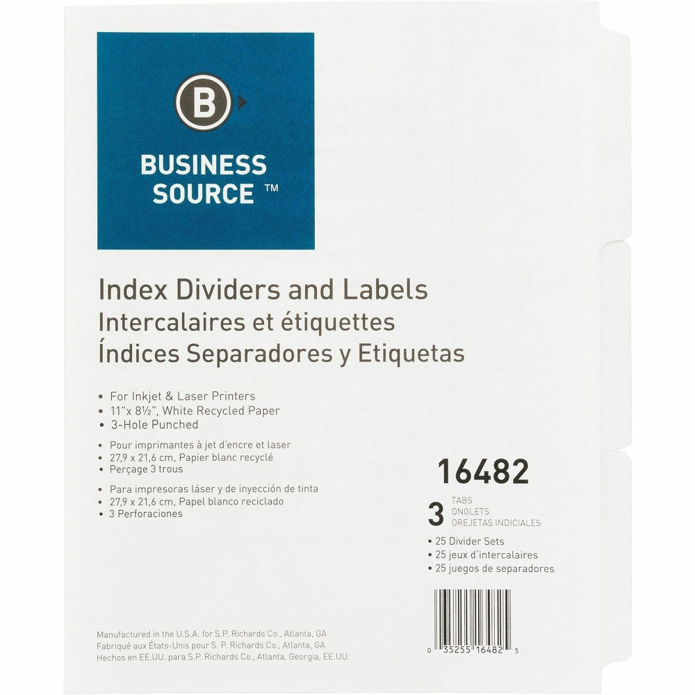 Business Source 3-Hole Punched Laser Index Tabs - 3 Tab(s) - 8.5in Divider Width x 11in Divider Length - Letter - 3 Hole Punched - White Tab(s) - Recycled - Punched, Mylar Reinforcement - 25 / Box