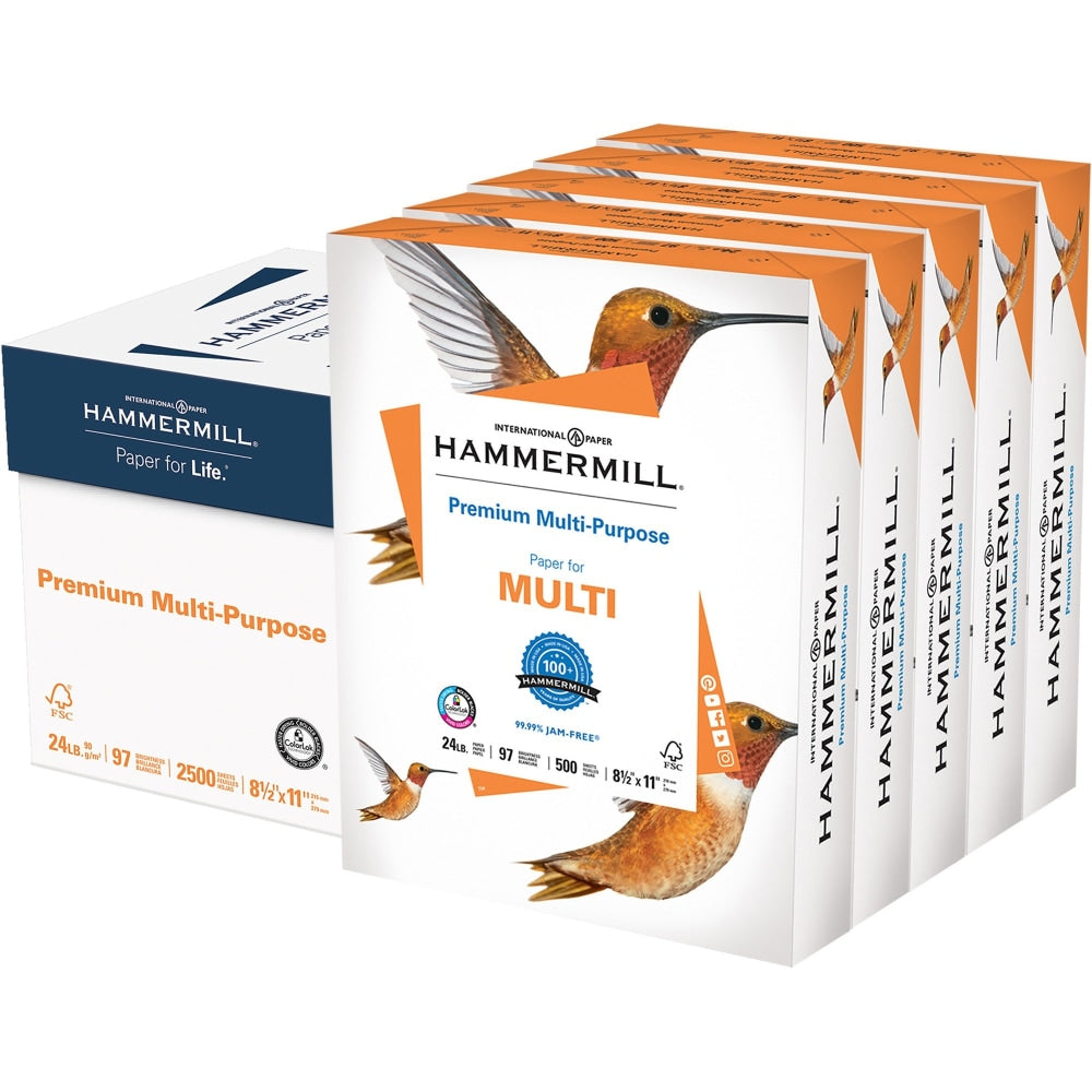 Hammermill Premium Multi-Use Printer & Copy Paper, White, Letter (8.5in x 11in), 2500 Sheets Per Case, 24 Lb, 97 Brightness, Case Of 5 Reams