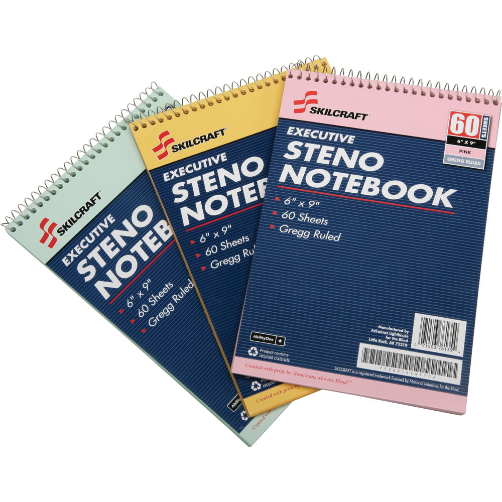 SKILCRAFT 50% Recycled Steno Notebooks, 6in x 9in, Gregg Ruled, 60 Pages (30 Sheets), White/Blue, Pack Of 3 (AbilityOne 7530-01-454-5702)