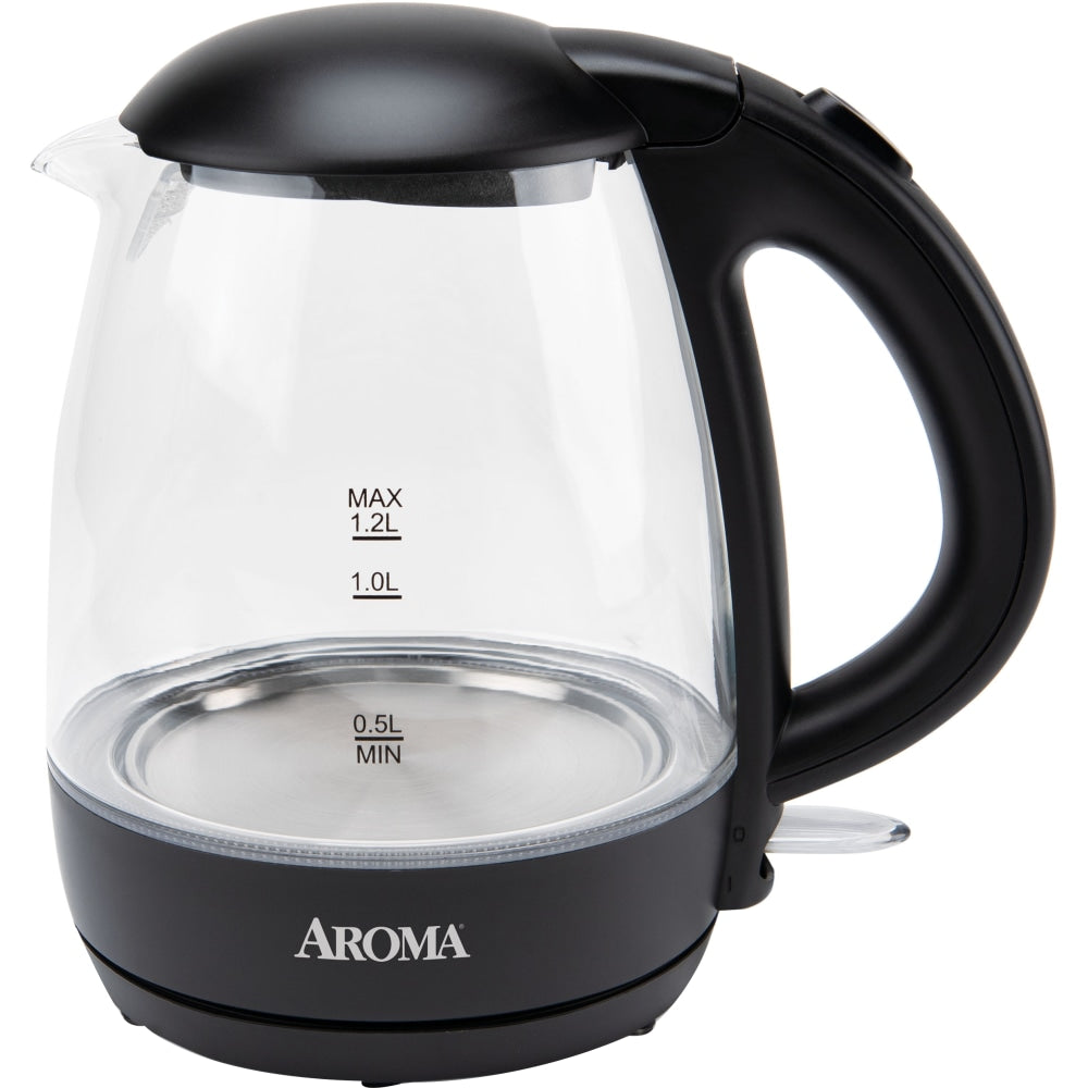 Aroma 1.2L Cordless Glass Kettle, 7-1/2inH x 6-1/2inW x 9-1/2inD, Clear/Black