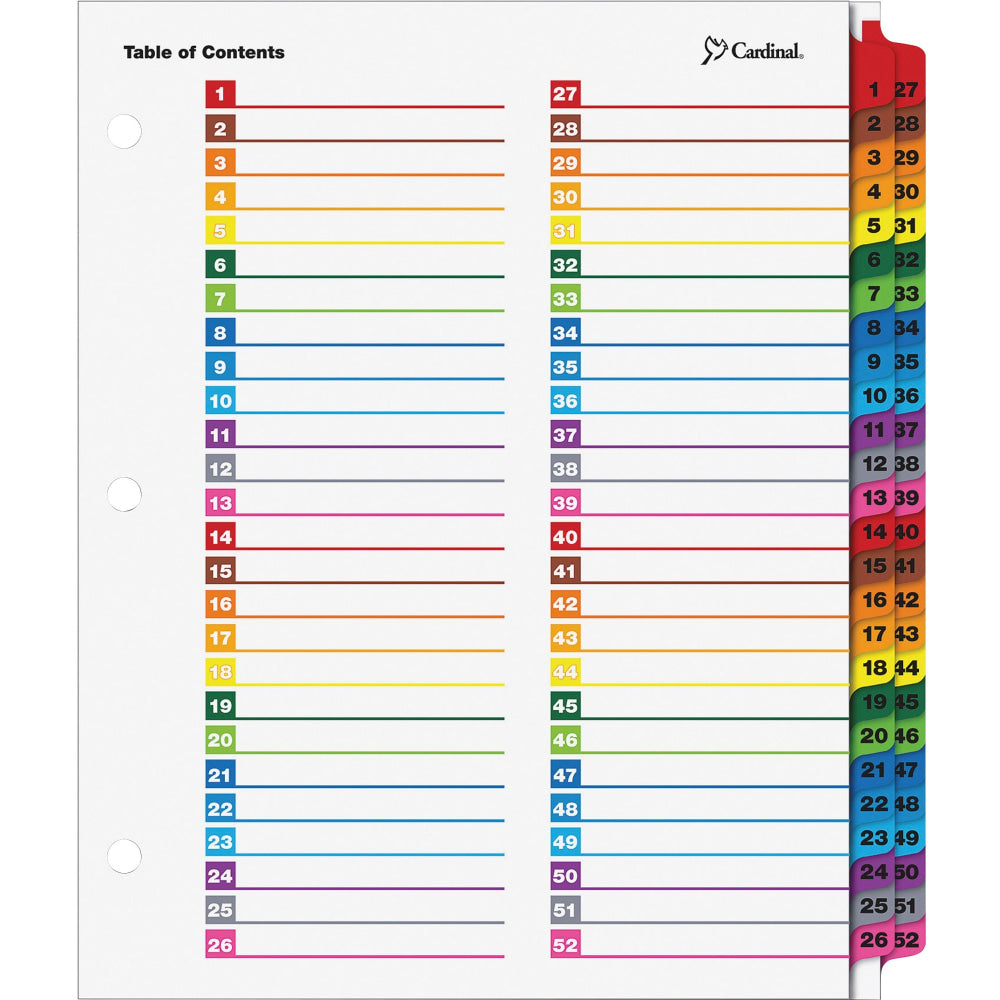 Cardinal OneStep Printable Dividers - 52 Print-on Tab(s) - 52 Tab(s)/Set - 8.5in Divider Width x 11in Divider Length - Letter - 3 Hole Punched - Multicolor Divider - Multicolor Tab(s) - 52 / Each