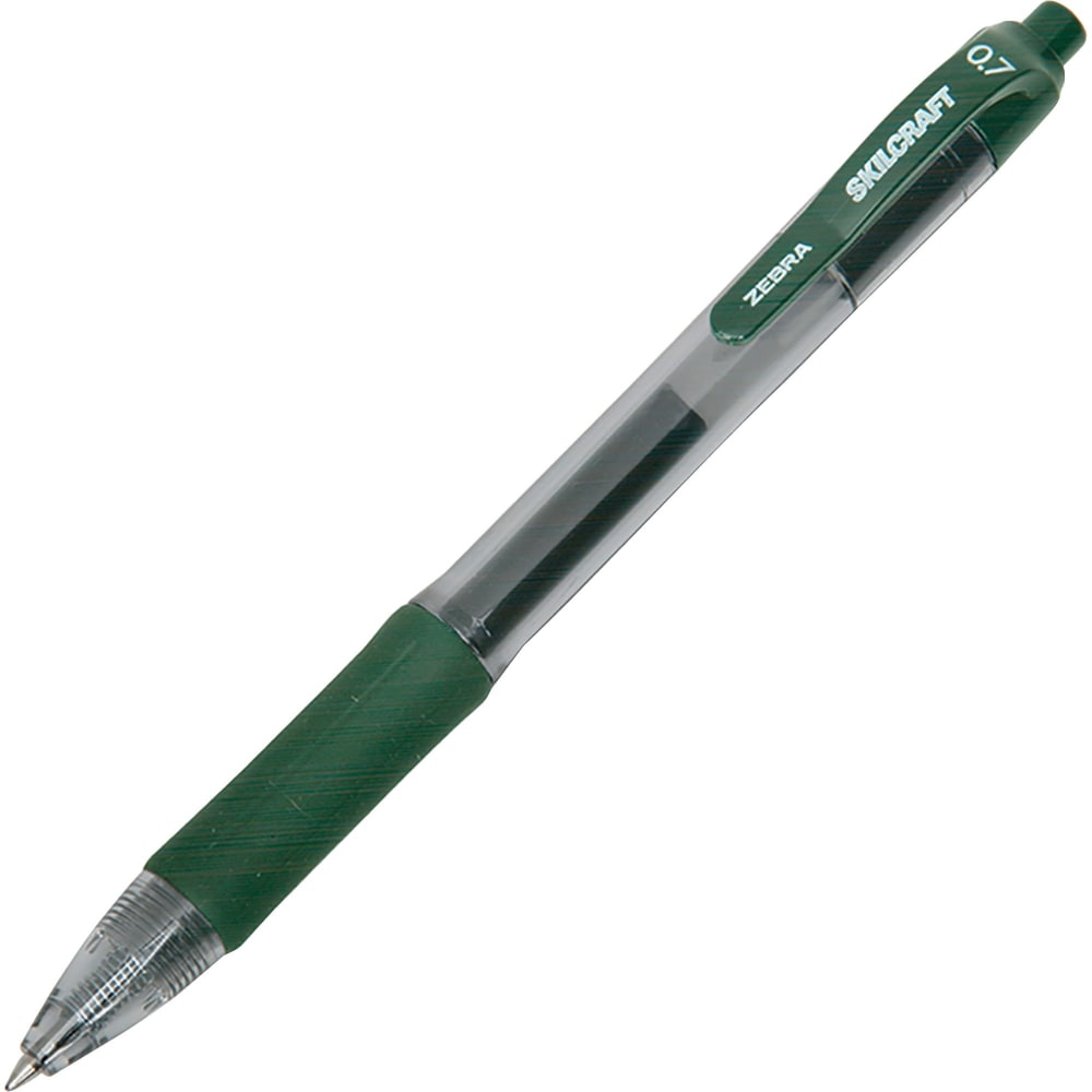 SKILCRAFT Retractable Gel Pens, Medium Point, 0.7 mm, Clear/Green Barrel, Green Ink, Pack Of 12 Pens