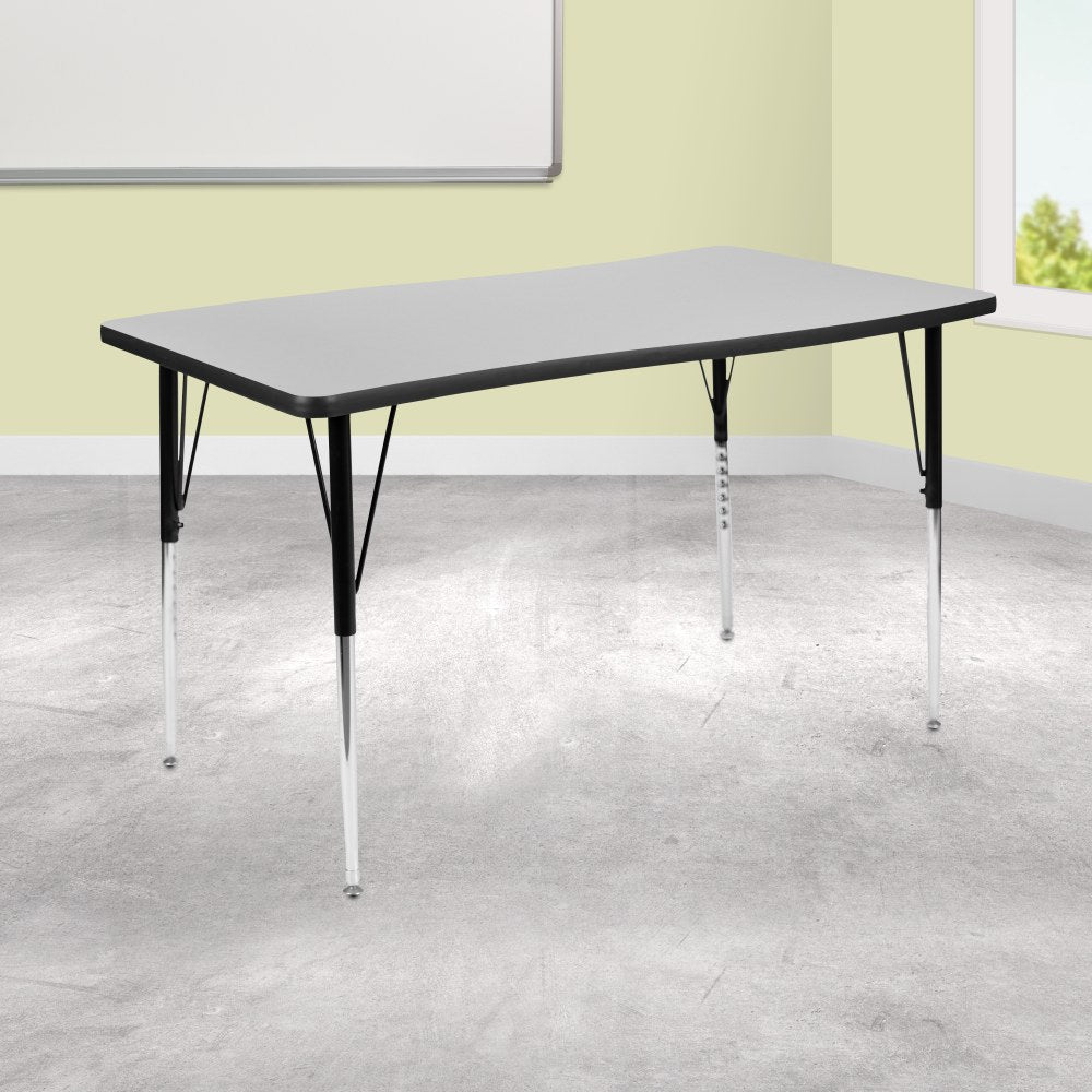 Flash Furniture Rectangle Wave Flexible Collaborative Thermal Laminate Activity Table With Standard Height-Adjustable Legs, 30-1/4inH x 28inW x 47-1/2inD, Gray