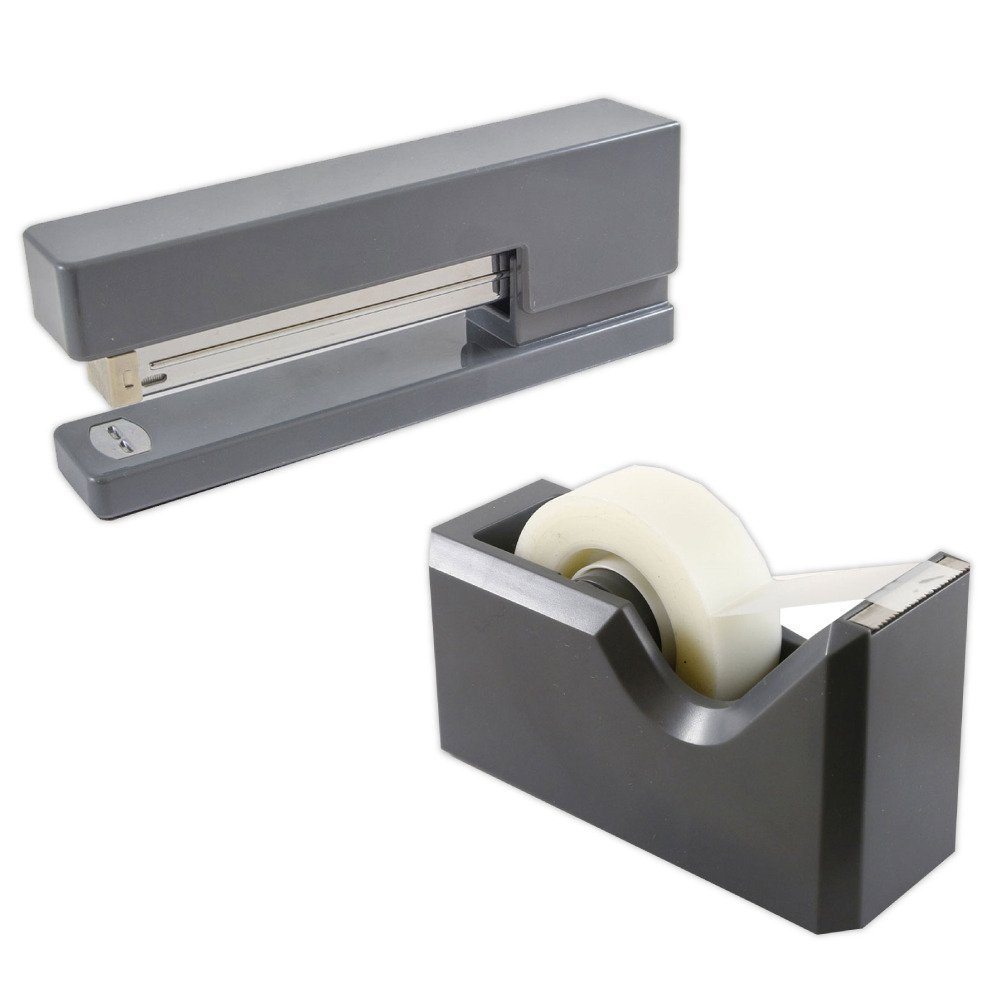 JAM Paper 2-Piece Office And Desk Set, 1 Stapler & 1 Tape Dispenser, Gray