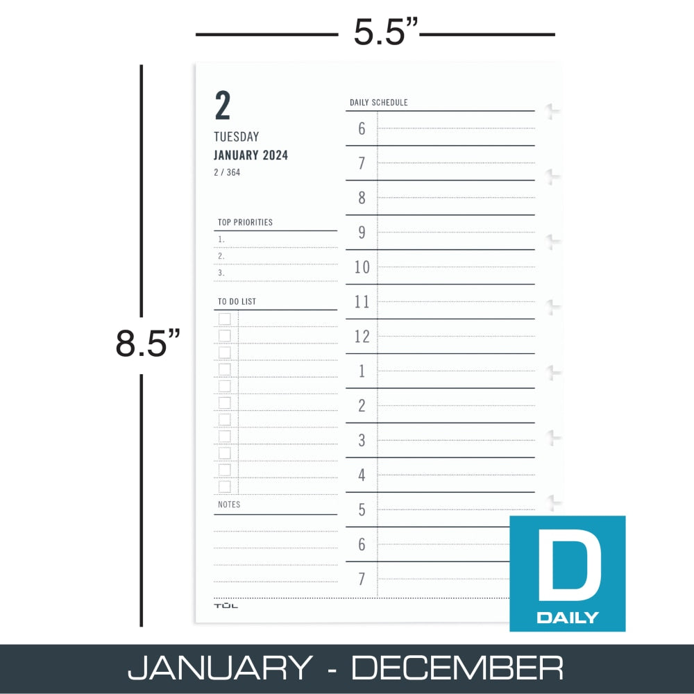 2024 TUL Discbound Daily Planner Refill Pages, Hourly Appointment Times, Junior Size, January To December