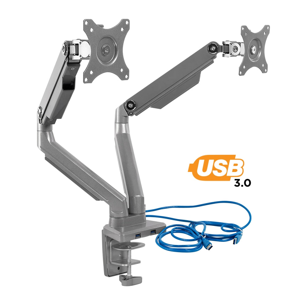 Mount-It! MI-2762 Dual-Monitor Arm Mount With USB Port, 16inH x 10inW x 6.6inD, Silver