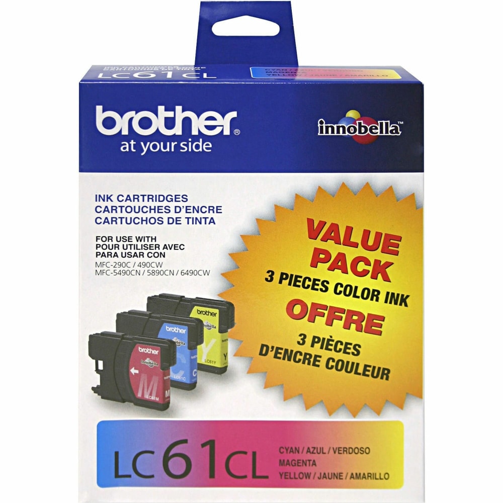 Brother LC61 Cyan, Magenta, Yellow Ink Cartridges, Pack Of 3, LC61CMY