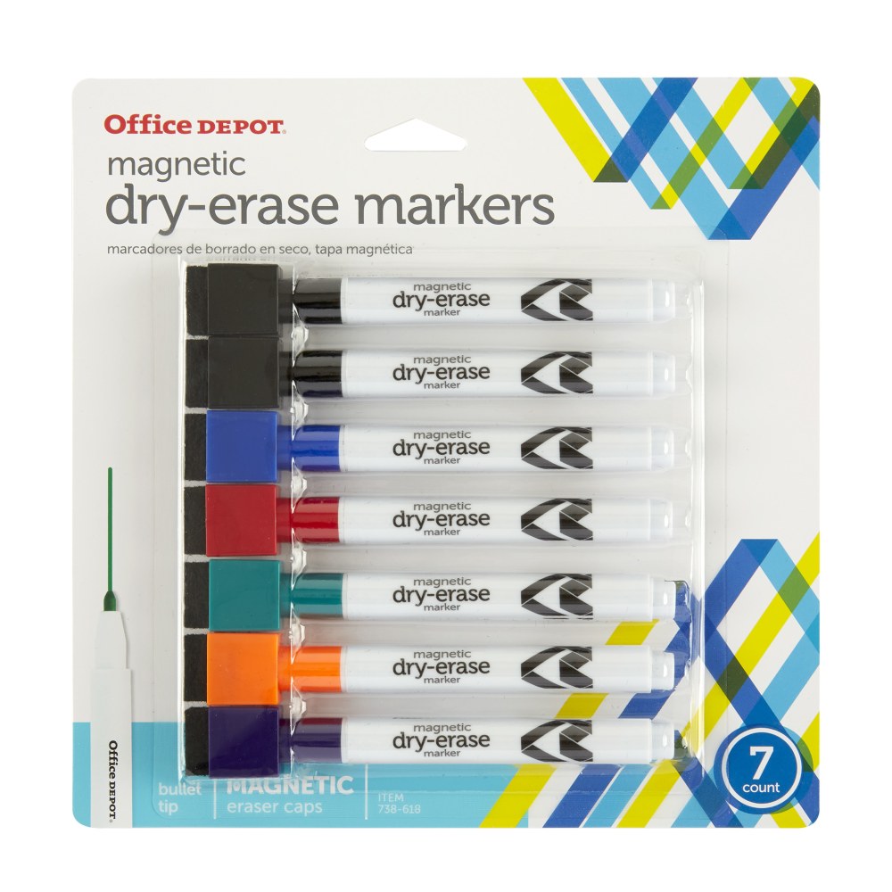 Office Depot Brand Magnetic Dry-Erase Markers With Erasers, Assorted Colors, Pack Of 7