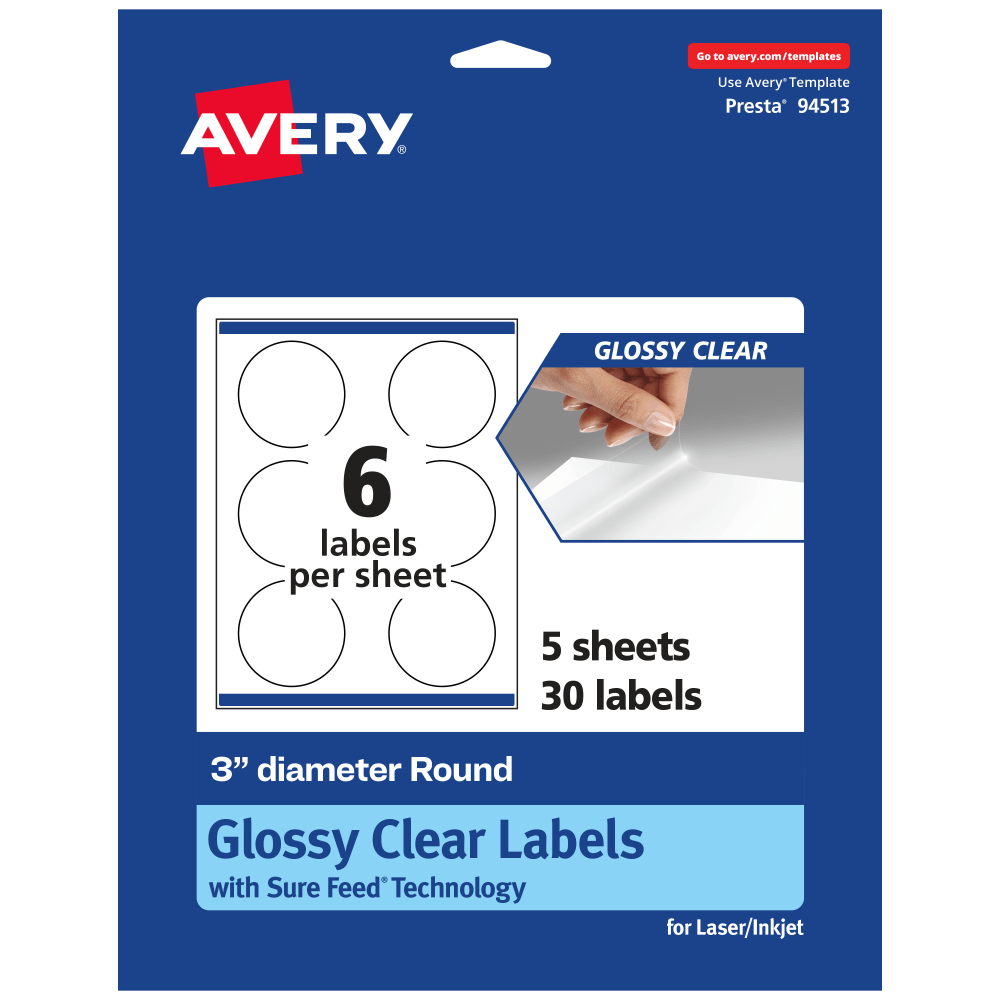 Avery Glossy Permanent Labels With Sure Feed, 94513-CGF5, Round, 3in Diameter, Clear, Pack Of 30