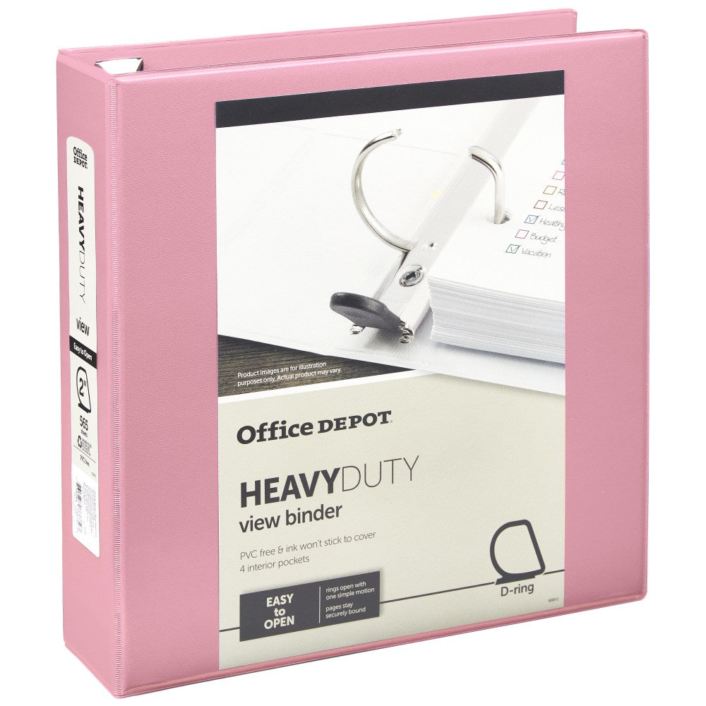 Office Depot Heavy-Duty View 3-Ring Binder, 2in D-Rings, 49% Recycled, Light Pink