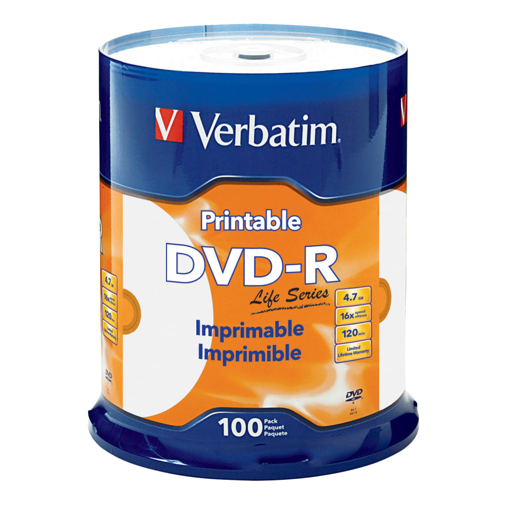 Verbatim DVD-R 4.7GB 16X Life Series White Inkjet Printable, Hub Printable - 100pk Spindle