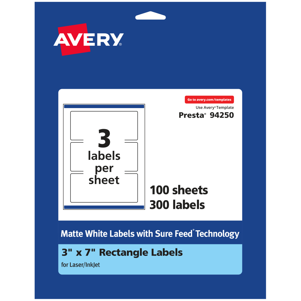 Avery Permanent Labels With Sure Feed, 94250-WMP100, Rectangle, 3in x 7in, White, Pack Of 300