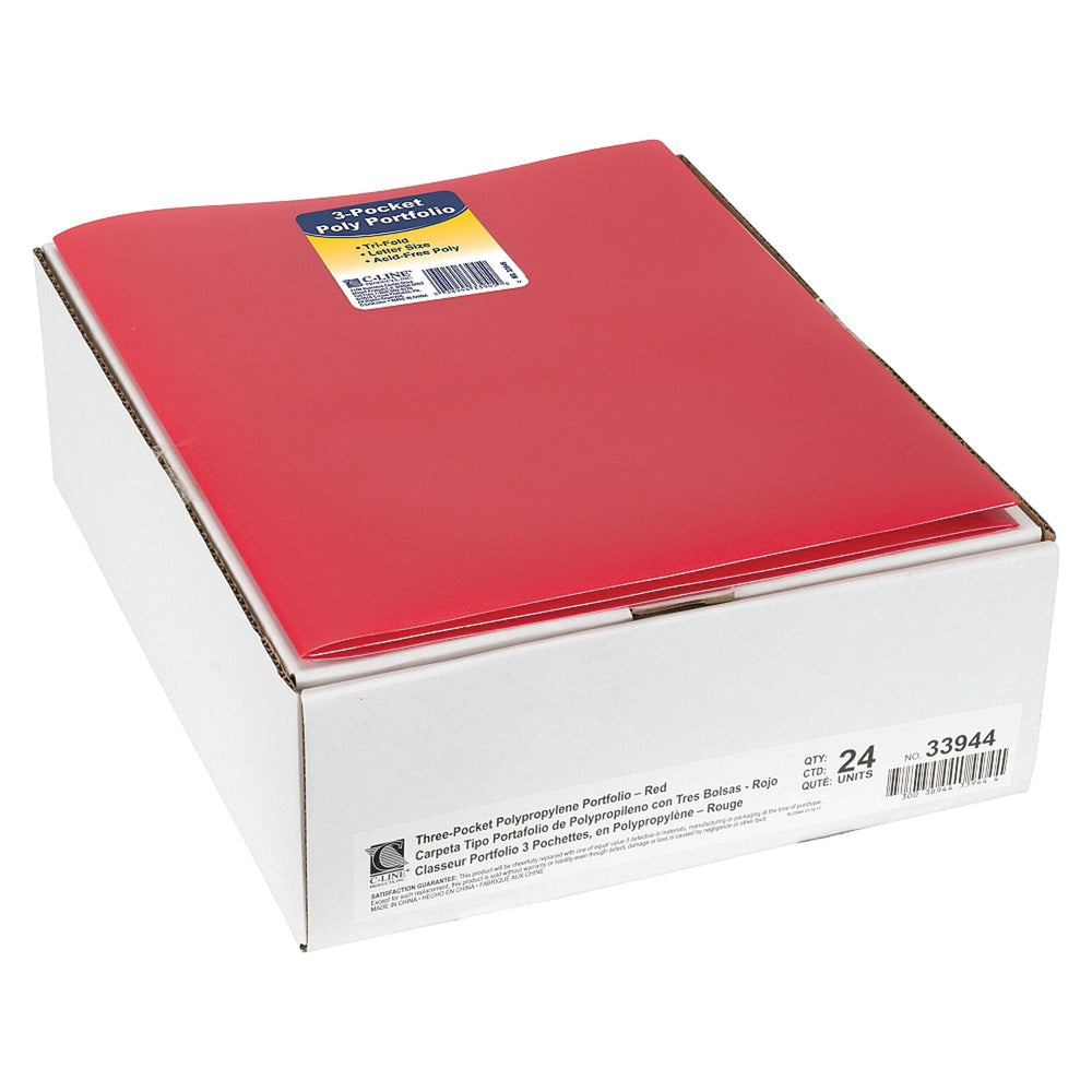 C-Line 3-Pocket Poly Portfolios, 8-1/2in x 11in, Letter Size, Red, Pack Of 24 Portfolios