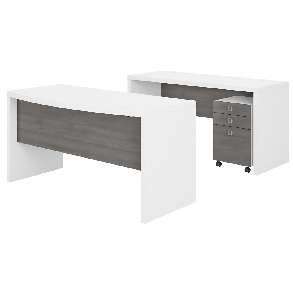 Bush Business Furniture Echo 60inW Bow-Front Computer Desk And Credenza With Mobile File Cabinet, Pure White/Modern Gray, Standard Delivery