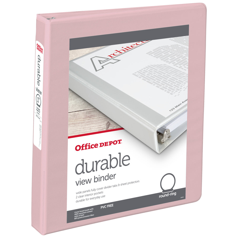 Office Depot Brand 3-Ring Durable View Binder, 1in Round Rings, Blush