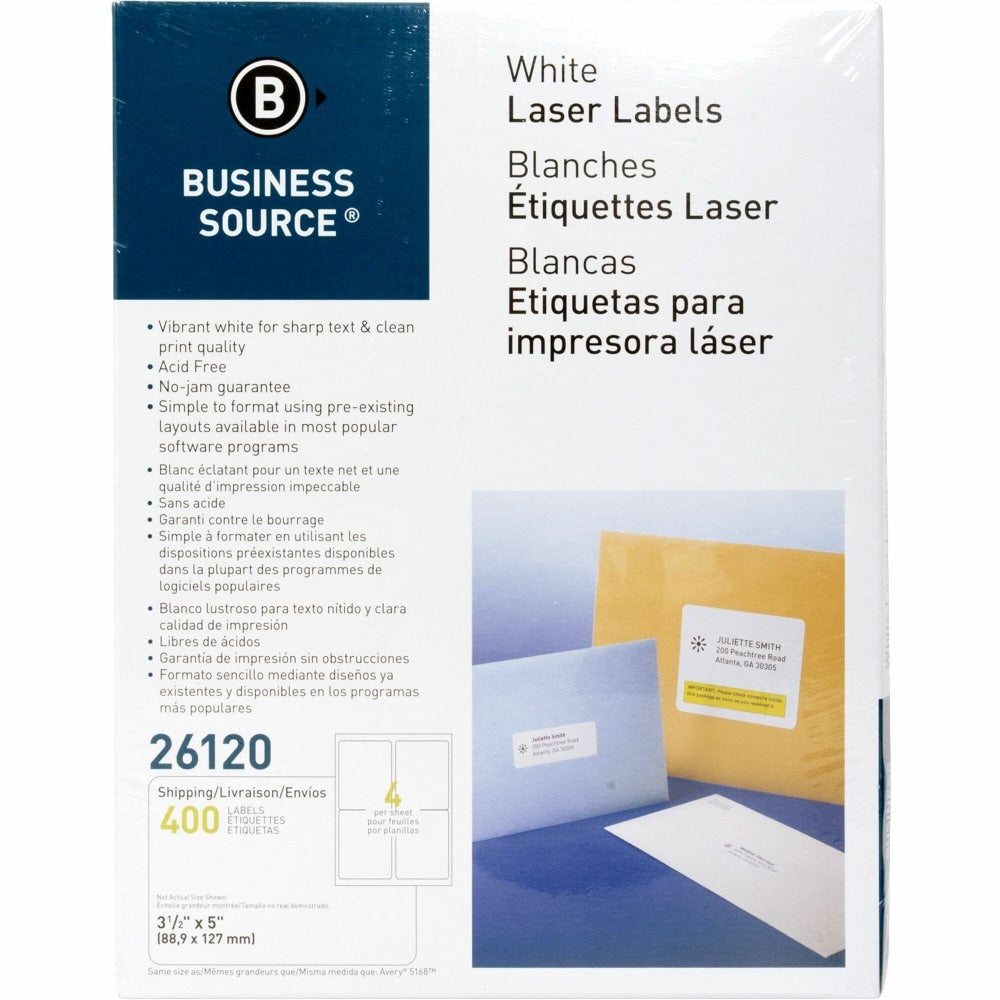 Business Source Bright White Premium-quality Address Labels - 3 1/2in Width x 5in Length - Permanent Adhesive - Rectangle - Laser, Inkjet - White - 4 / Sheet - 100 Total Sheets - 400 / Pack - Lignin-free, Jam-free