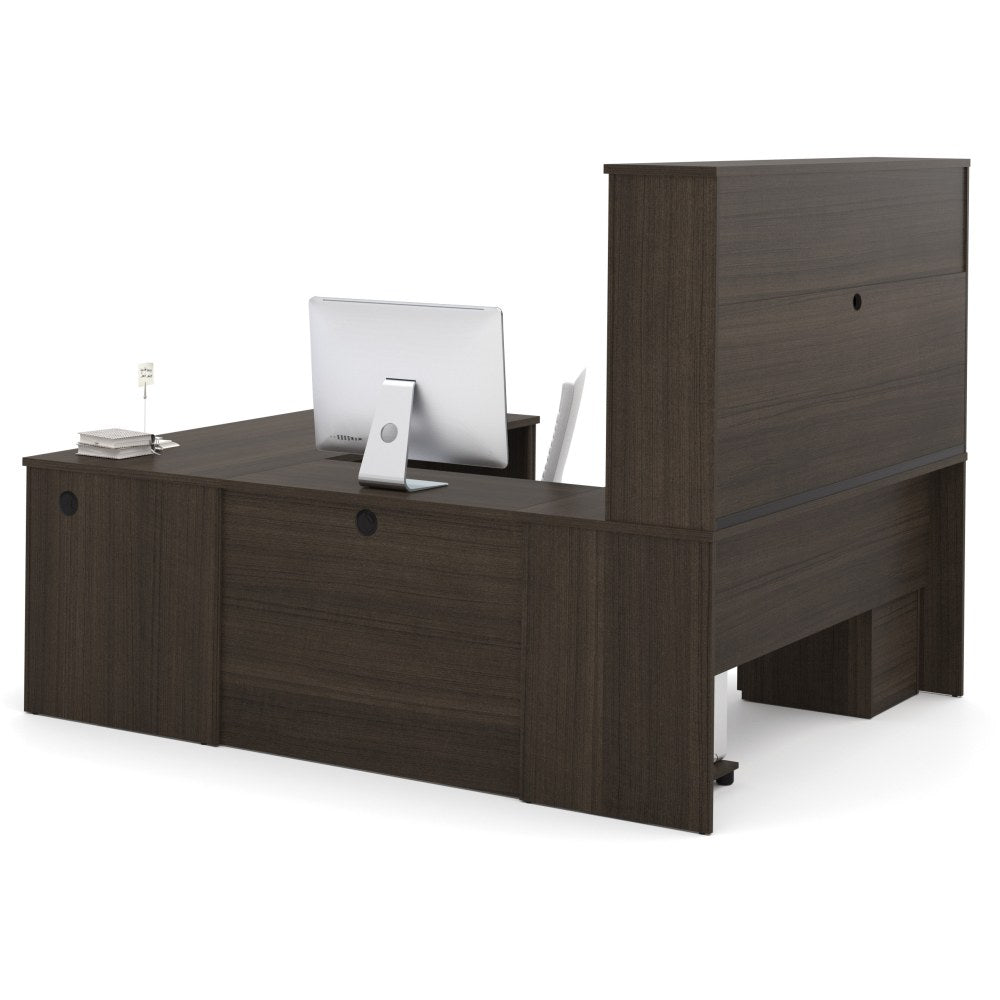 Bestar Embassy 72inW U-Shaped Executive Computer Desk With Pedestal And Hutch, Dark Chocolate