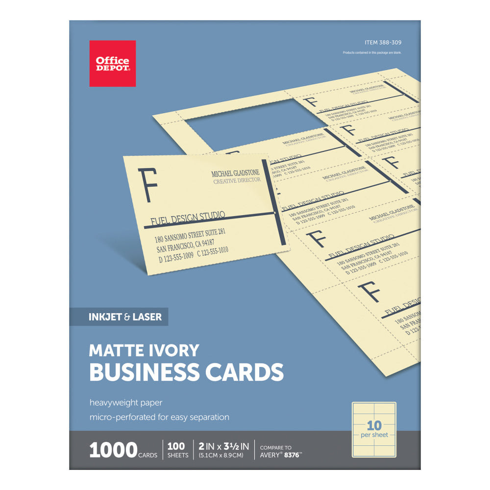 Office Depot Brand Matte Business Cards, 2in x 3 1/2in, Ivory, Pack Of 1,000