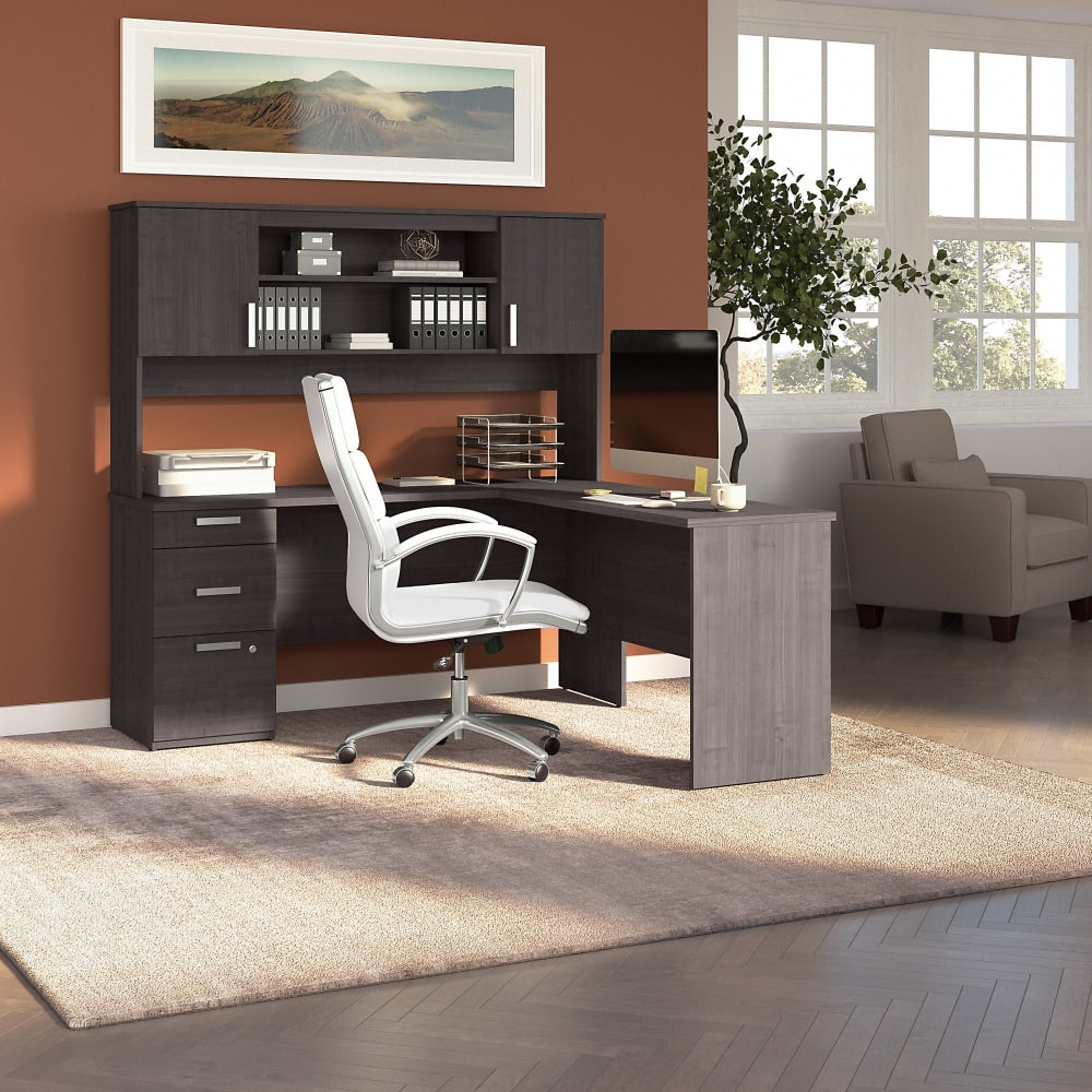 Bestar Ridgeley 65inW L-Shaped Corner Desk With Hutch, Charcoal Maple