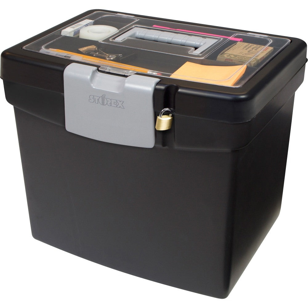 Storex Portable Storage Box - External Dimensions: 14.9in Length x 11in Width x 12.1inHeight - Media Size Supported: Letter - Snap-tight Closure - Plastic - Black - For File - Recycled - 1 / Carton