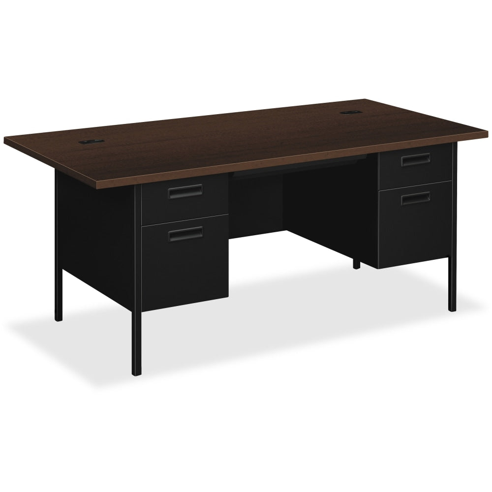 HON Metro Classic Double Pedestal Desk - 4-Drawer - 72in x 36in x 29.5in - 4 x Box Drawer(s), File Drawer(s) - Double Pedestal - Square Edge - Material: Steel - Finish: Mocha Laminate, Black Paint