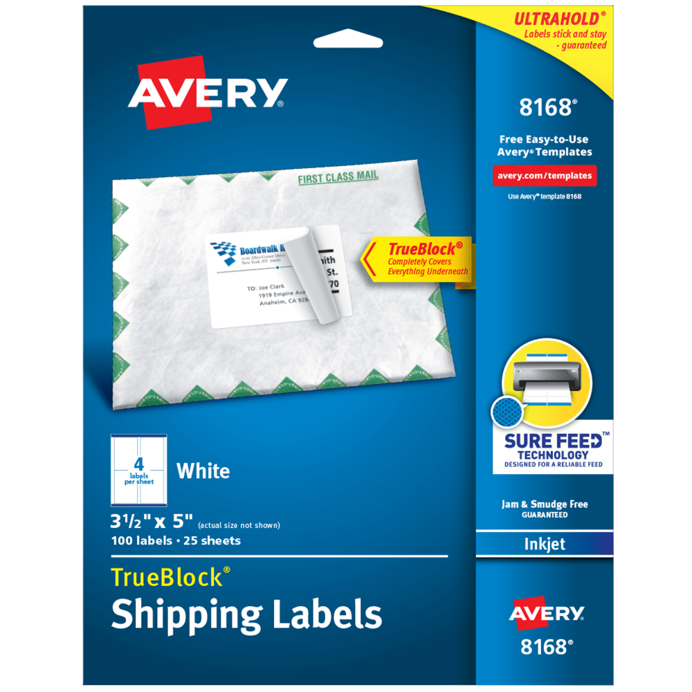 Avery TrueBlock Shipping Labels With Sure Feed Technology, 8168, Rectangle, 3-1/2in x 5in, White, Pack Of 100