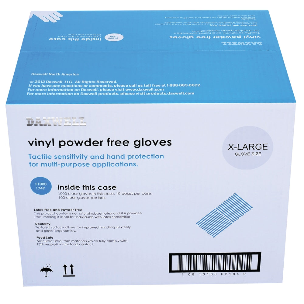 Daxwell Vinyl Gloves, X-Large, Clear, 100 Gloves Per Pack, Box Of 10 Packs