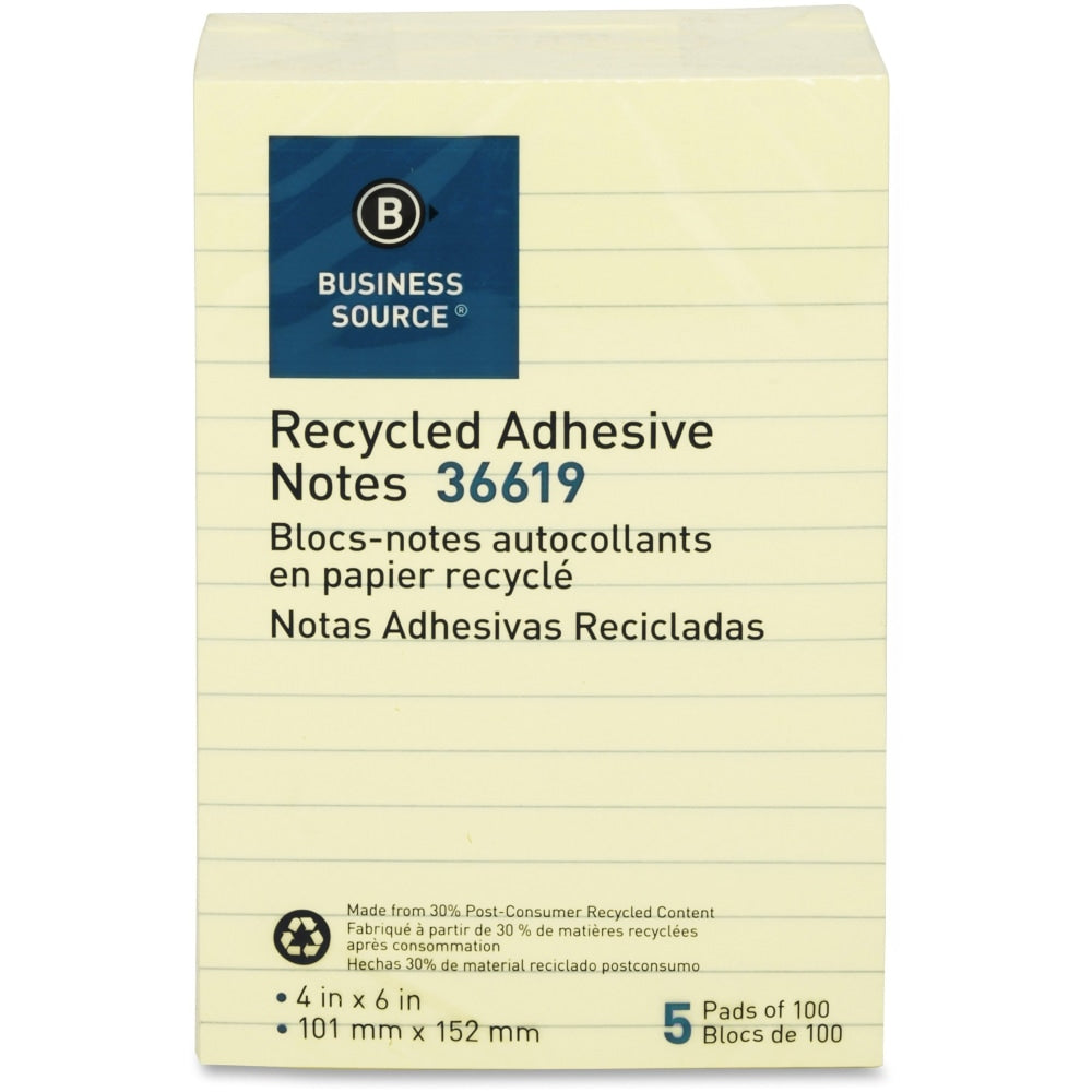 Business Source Yellow Adhesive Notes - 4in x 6in - Rectangle - Ruled - Yellow - Self-adhesive, Removable - 5 / Pack - Recycled