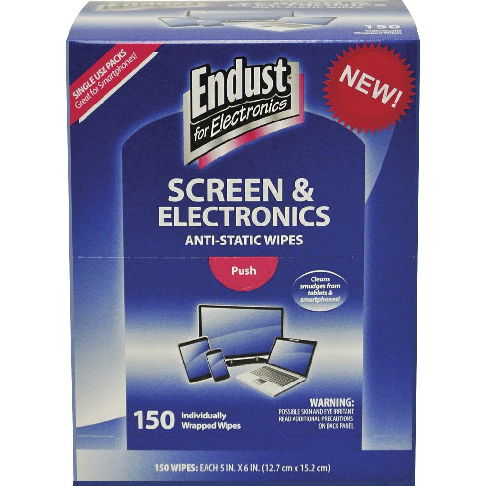 Endust Screen/Electronics Clean Wipes - For Smartphone, Handheld Device, Notebook, LCD, GPS Navigation System, Display Screen - Anti-static, Alcohol-free, Ammonia-free, Soft, Non-abrasive - 150 / Pack - Blue