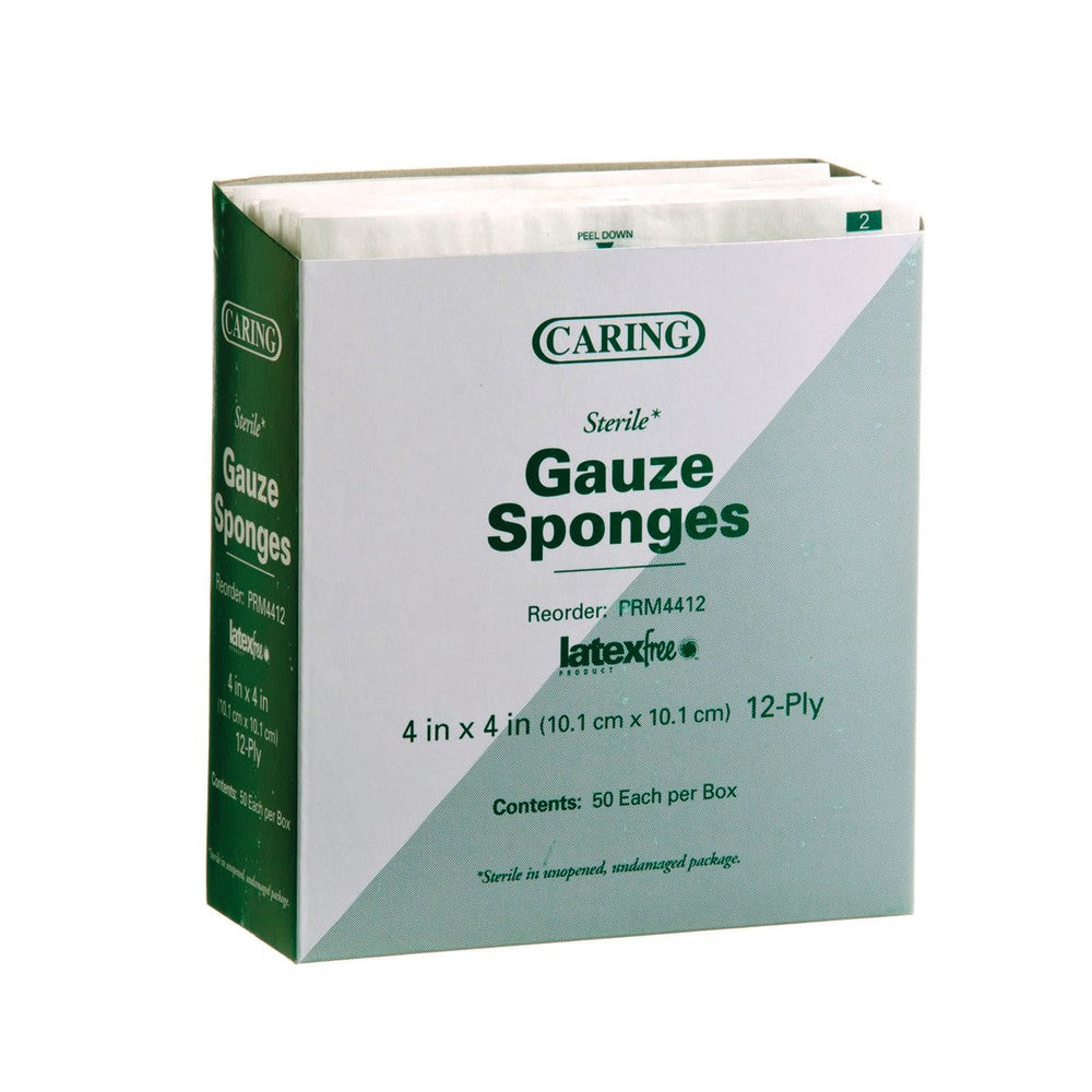 Medline CARING Woven Gauze Sponges, 12-Ply, 4in x 4in, White, Pack Of 50