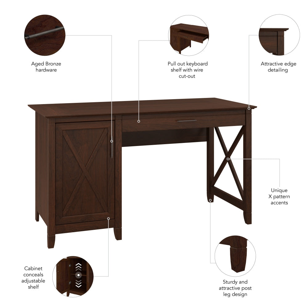 Bush Furniture Key West 54inW Single Pedestal Computer Desk, Bing Cherry, Standard Delivery