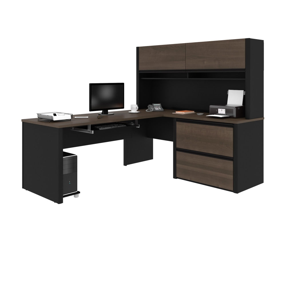 Bestar Connexion 72inW L-Shaped Corner Desk With Hutch And Lateral File Cabinet, Antigua/Black