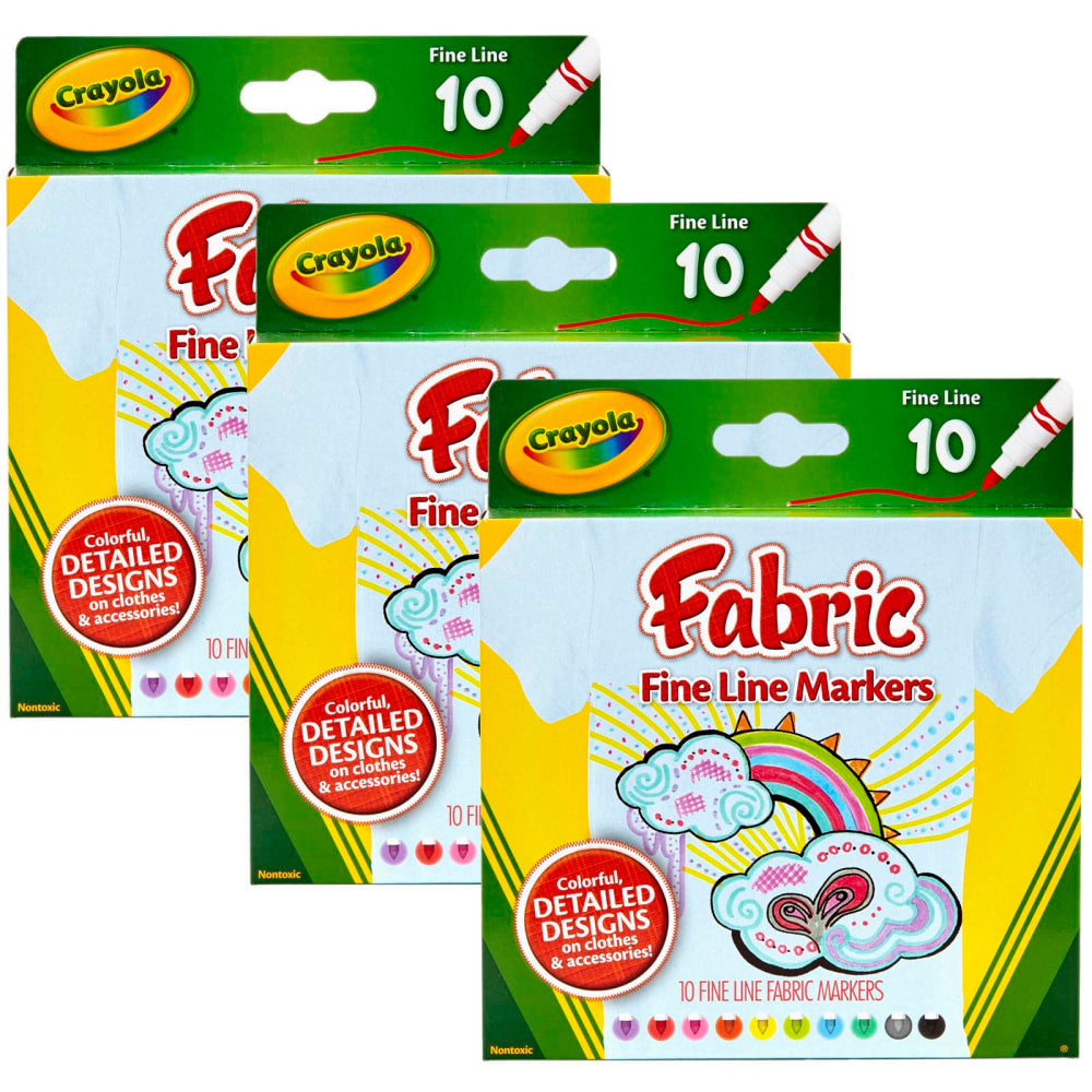 Crayola Fine Line Fabric Markers, Assorted Colors, 10 Markers Per Box, Set Of 3 Boxes