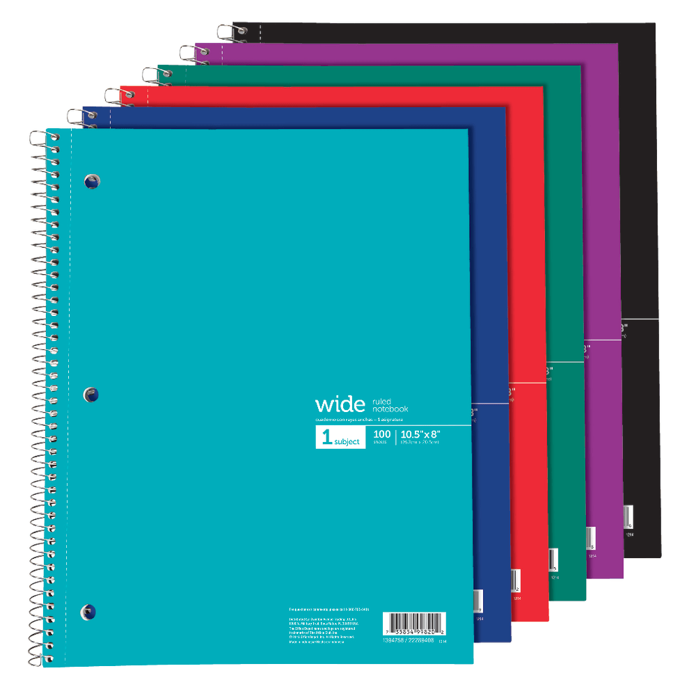 Office Depot Brand Wirebound Notebook, 8in x 10 1/2in, 1 Subject, Wide Ruled, 200 Pages (100 Sheets), Assorted Colors