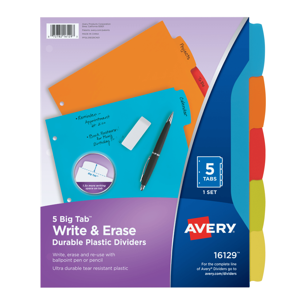 Avery Big Tab Write & Erase Durable Plastic Dividers, 8 1/2in x 11in, Multicolor Brights, 5-Tab