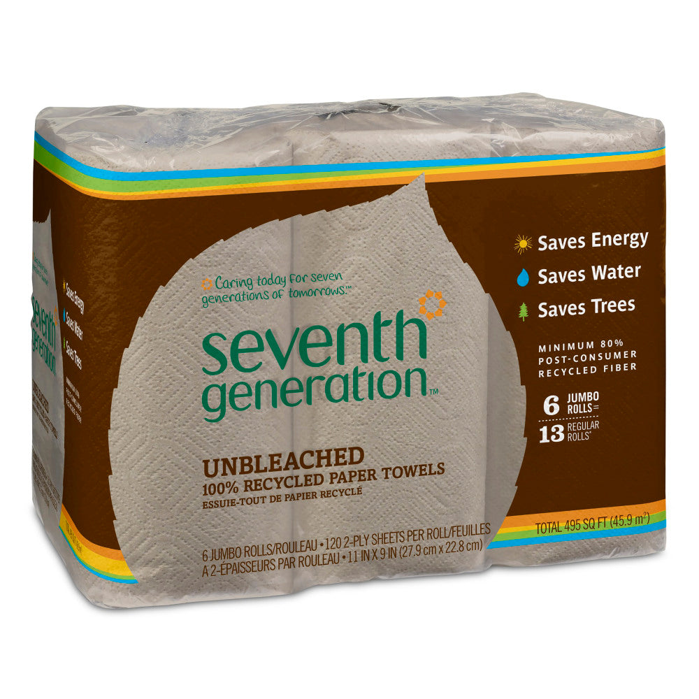 Seventh Generation Unbleached 2-Ply Jumbo Paper Towels, 100% Recycled, Natural, 120 Sheets Per Roll, Pack Of 6 Rolls