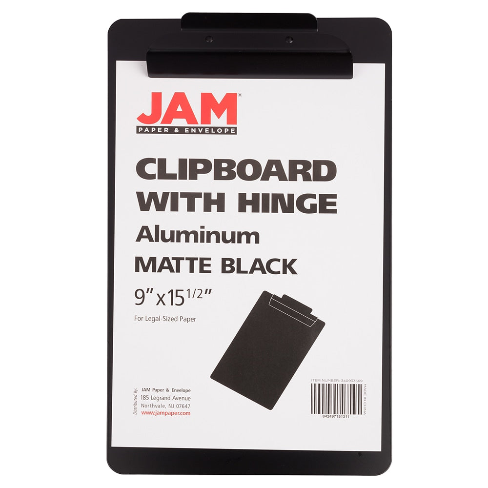 JAM Paper Aluminum Legal-Size Clipboard, 15-1/2in x 9-1/2in, Black