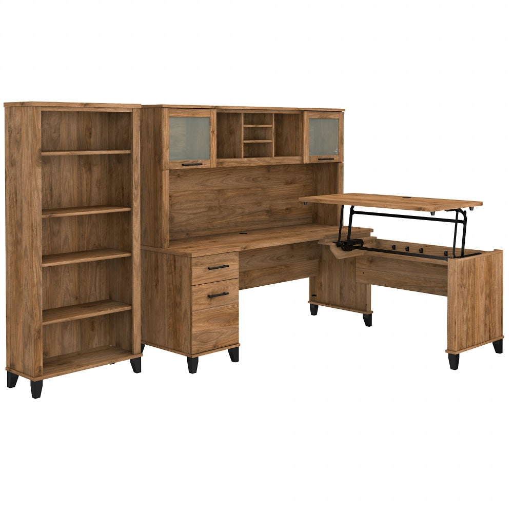 Bush Furniture Somerset 72inW 3-Position Sit-to-Stand L-Shaped Desk With Hutch And Bookcase, Fresh Walnut, Standard Delivery