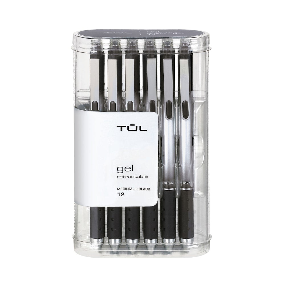 TUL GL Series Retractable Gel Pens, Medium Point, 0.7 mm, Silver Barrel, Black Ink, Pack Of 12 Pens